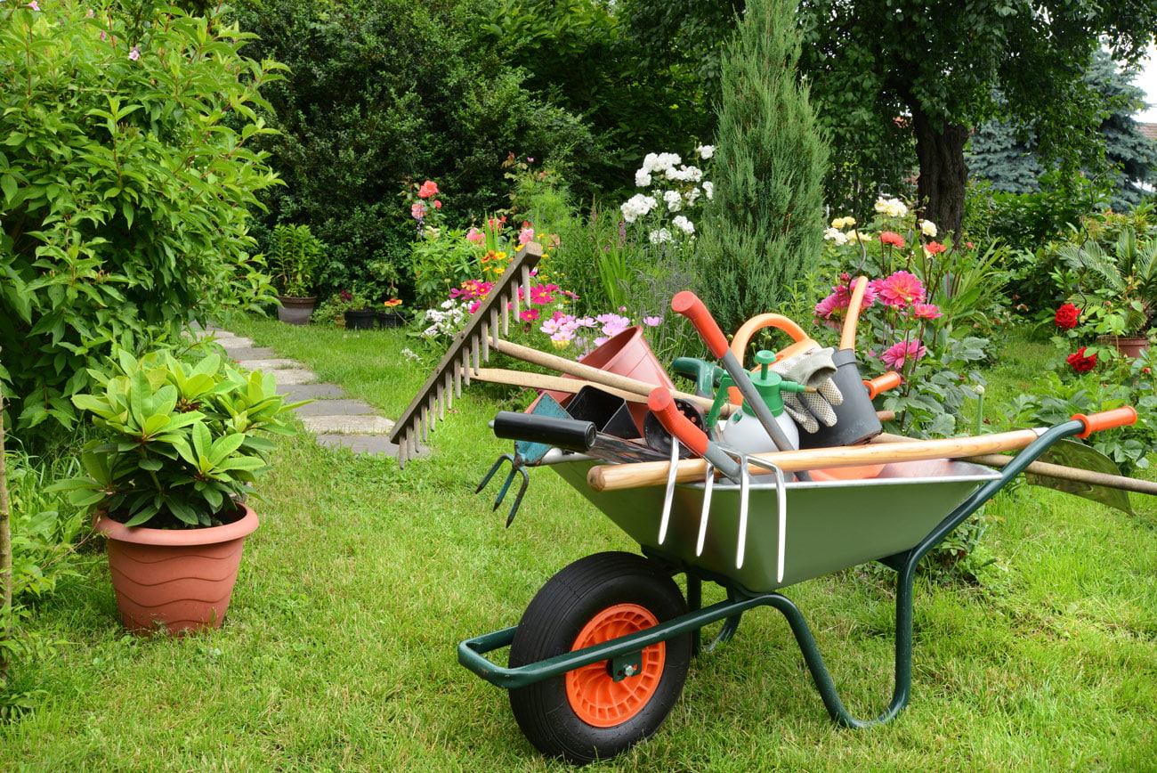 Schubkarre mit Gartengeräten Schubkarre im Garten mit verschiedene Gartengeräten - Garten Hennerbichler