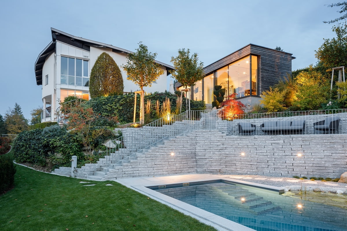 Garten, Baufortschritt, Naturpool, Gartendesign, Beleuchtung